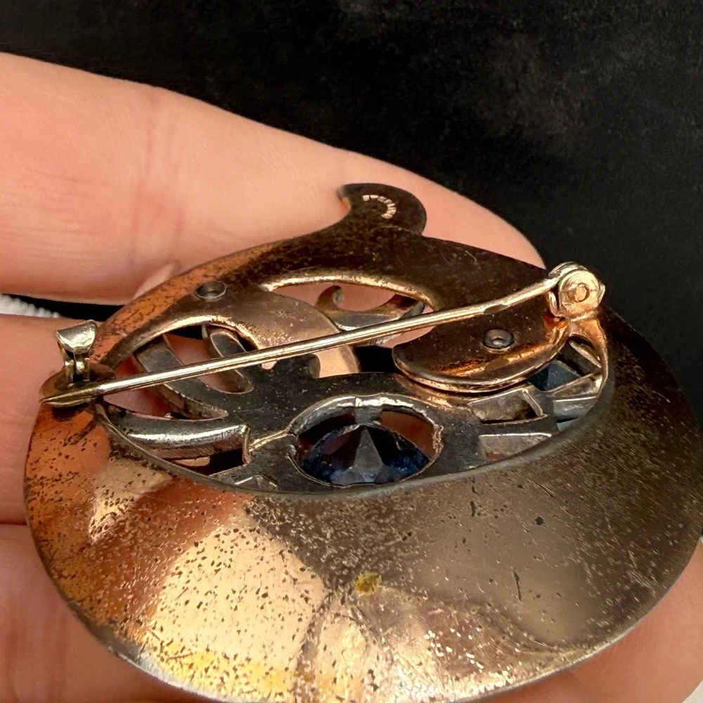 Vintage Brooch Blue Rose Gold Tone Rhinestone Sunburst Copper Tone